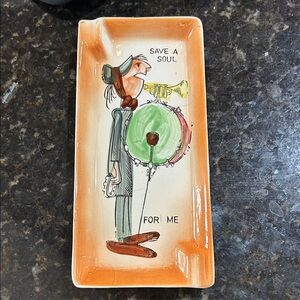 Vintage Ceramic Tray with Orange and Green Illustration